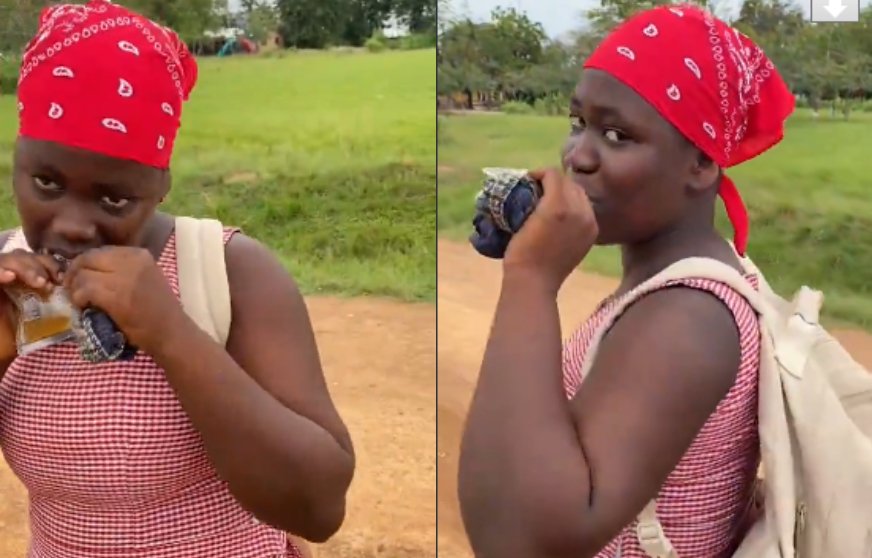 Video: Female Student in Akatsi Drinking Alcohol from Sachet on Her Way to School Video: Female Student in Akatsi Drinking Alcohol from Sachet on Her Way to School